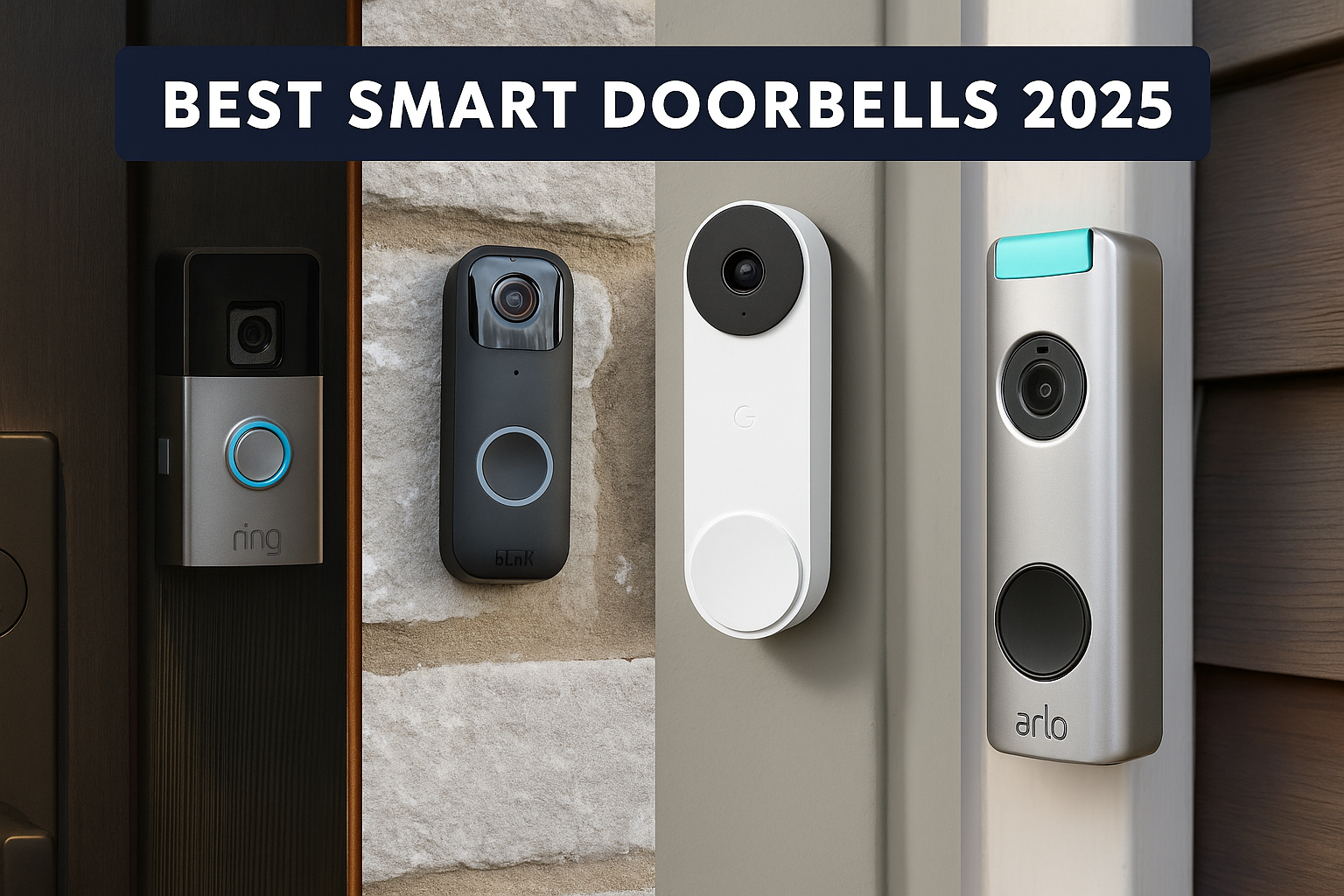 Collage of Ring, Blink, Nest and Arlo smart doorbells