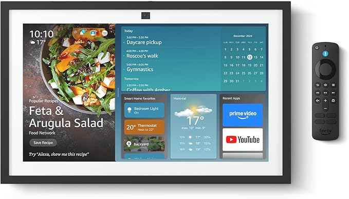 Amazon Echo Show 15 smart display mounted in a kitchen showing widgets and streaming content