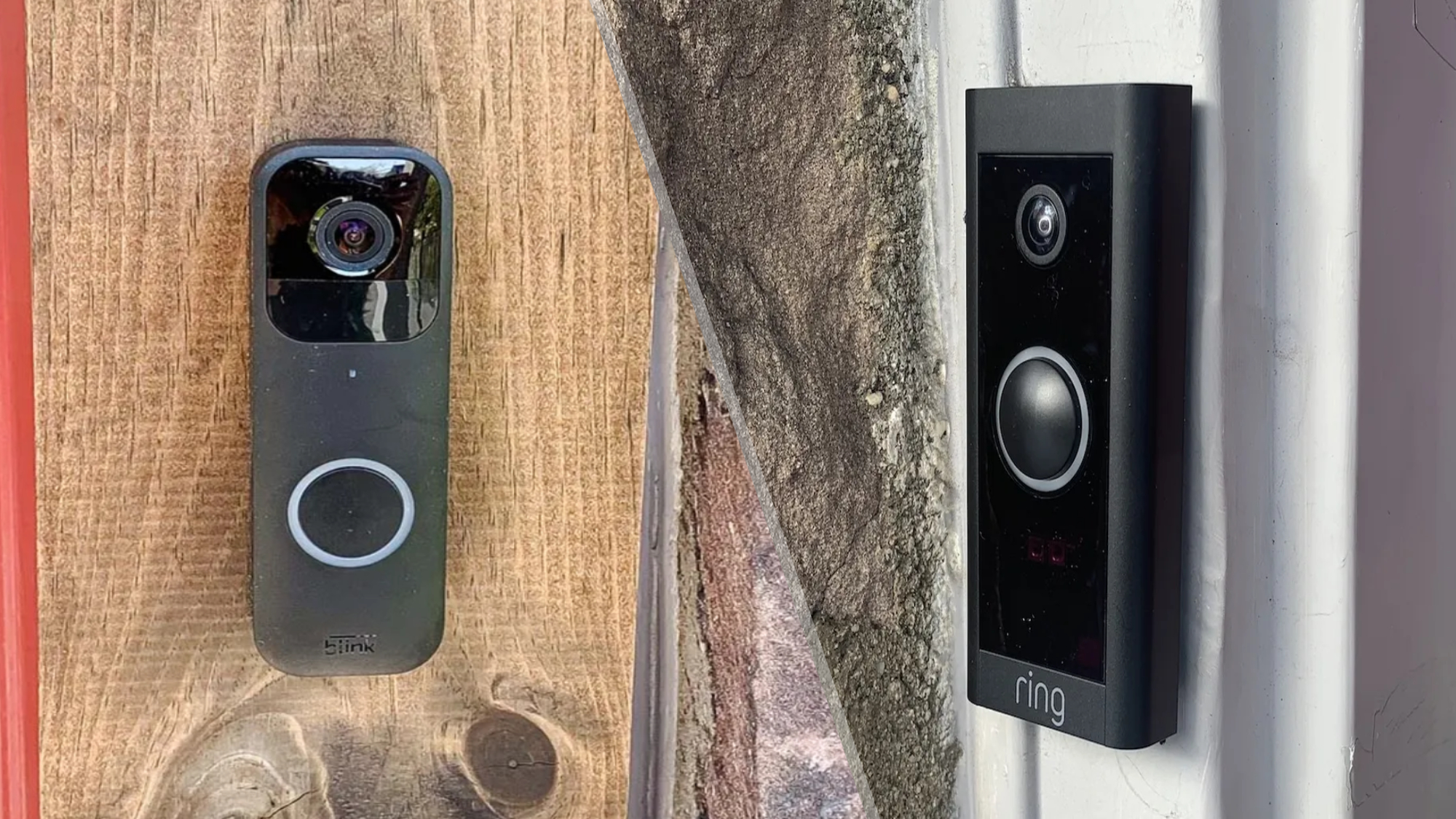 Ring and Blink video doorbells side by side on a front porch